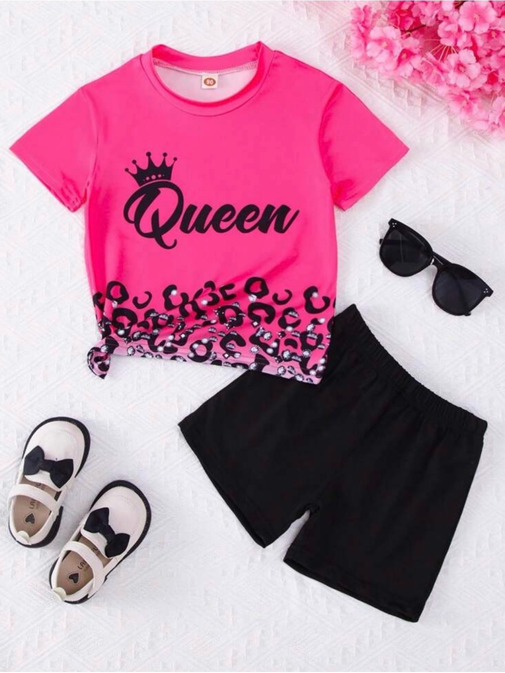 🔥5/$25🔥 NEW Pink T-Shirt Graphic Leopard Print Black Short Set Size Girls 4T